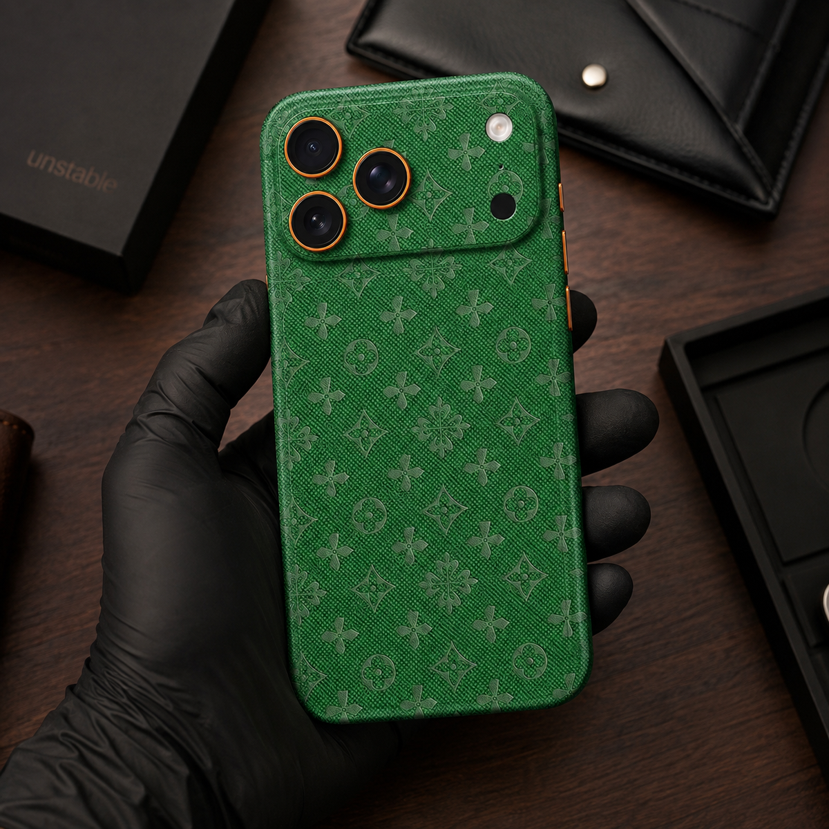 LV-Inspired Green Monogram Leather Skin
